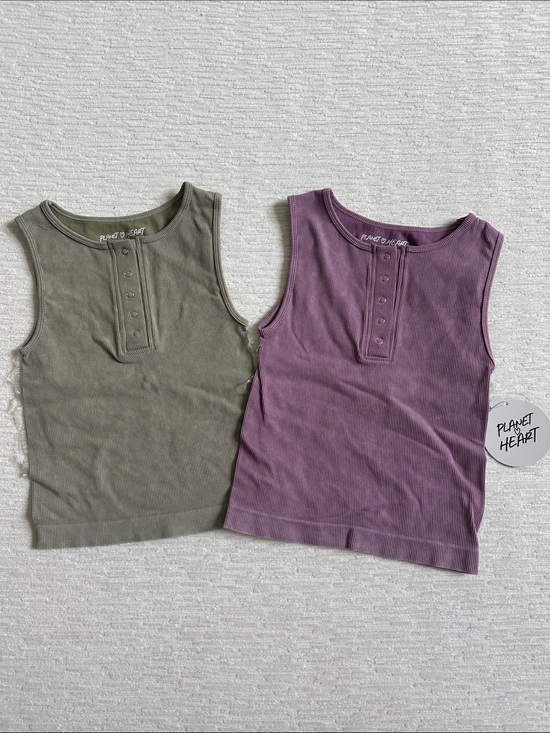Planet Heart Tops - Womens Ribbed Henley Tank Top - Olive & Mauve